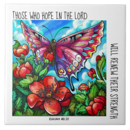 Paskriven fjäril på blommor; verse Isaiah 40:31 Kakelplatta