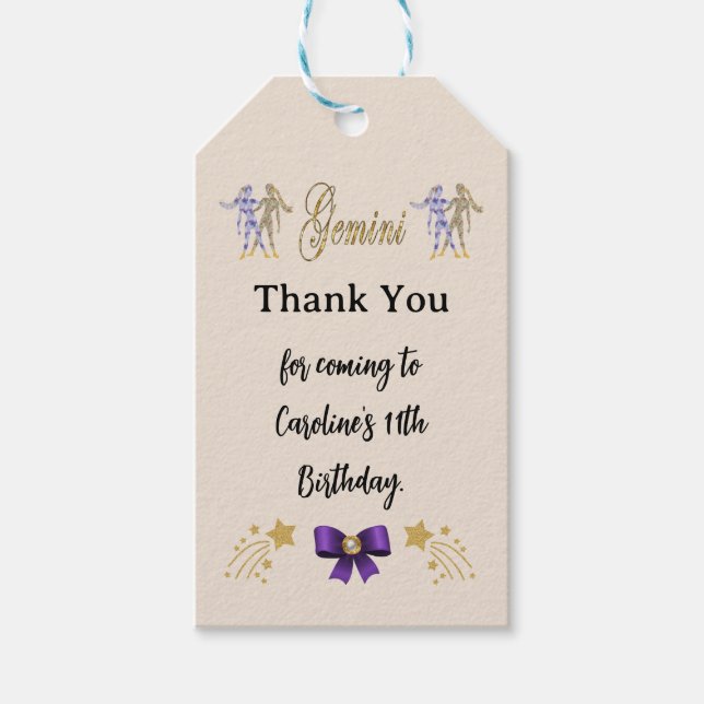 Paskriven Zodiac Sign Guld Glitter Gemini Birthday Presentetikett (Framsidan)