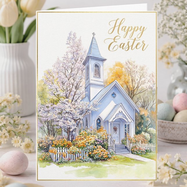 Påsksegen Vattenfärg Vår Kyrka Blommor Kort (Skapare uppladdad)