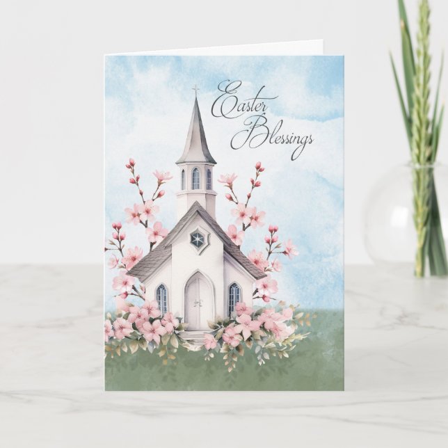 Påsksegningar Kyrka med körsbärsblom Helgkort (Framsida)