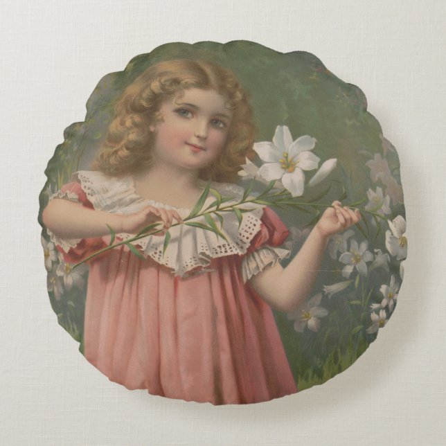 Påskskönheter, Vintageillustration, 1898 Rund Kudde (Framsidan)