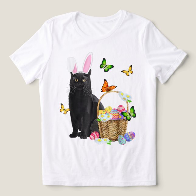 Påsksvart katt med kaninöron t shirt (Design Framsida)