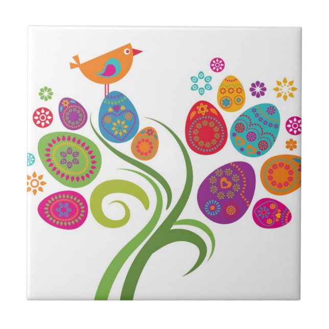 Påskträd med kulöra ägg och blommor kakelplatta (Framsidan)