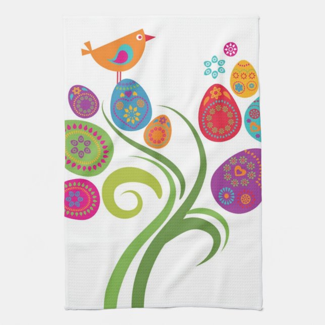 Påskträd med kulöra ägg och blommor kökshandduk (Vertikal)