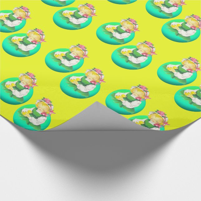Påskvintageflicka med påskkyckling presentpapper (Hörn)