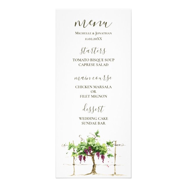 Paso Robles Vineyard Winery Wedding Reception Menu Reklamkort (Framsidan)