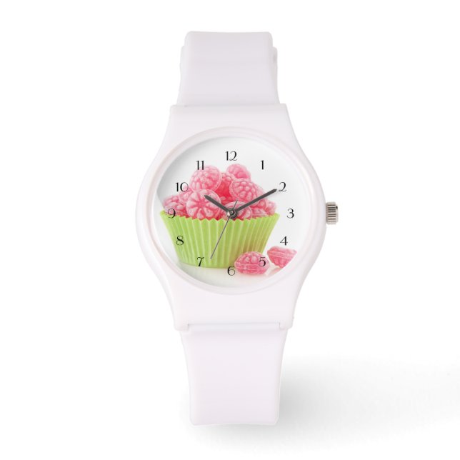 Paspberry tasty candy sötsaker i grönt kopp tårta armbandsur (Framsida)
