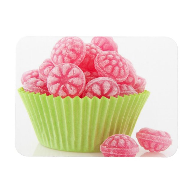 Paspberry tasty candy sötsaker i grönt kopp tårta magnet (Horisontell)