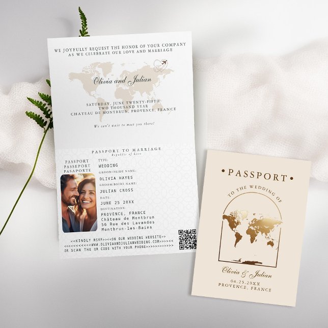 Pass Boho Valv Beige Ecru Destination Bröllop Inbjudan (passport wedding invitation card destination getaway beige ecru faux gold map boho arch monograms)