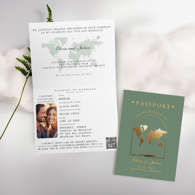Pass Boho Valv Ljusgrön Destination Bröllop Inbjudan (passport wedding invitation card destination getaway sage green faux gold map boho arch monograms)