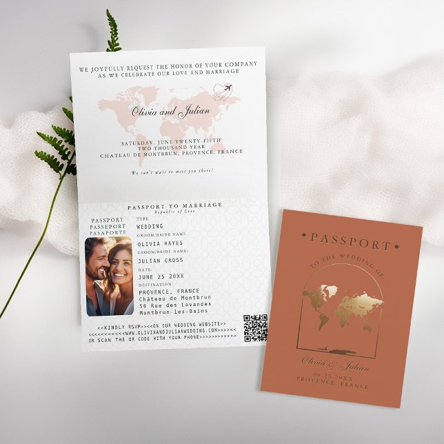 Pass Boho Valvbåge Terrakotta Destination Bröllop Inbjudan (passport wedding invitation card destination getaway terracotta faux gold map boho arch monograms)