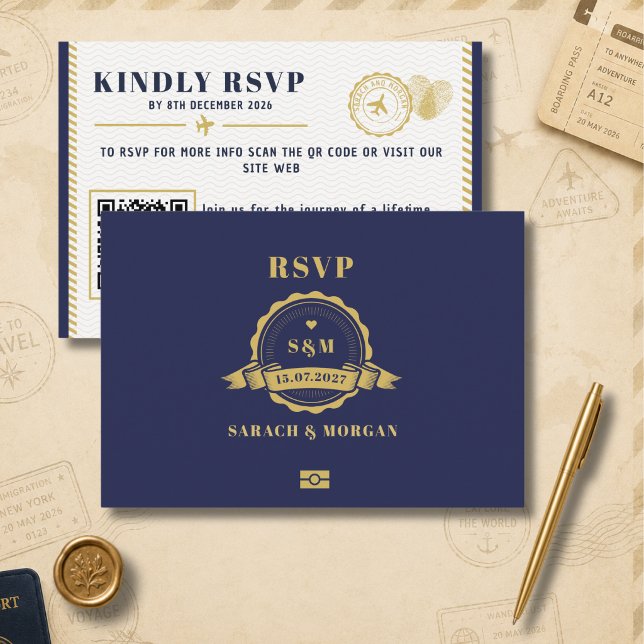 Pass Bröllopsdestination Monogram QR-kod OSA Kort (passport rsvp cards destination compass travel beach adventure navy blue wedding summer island )