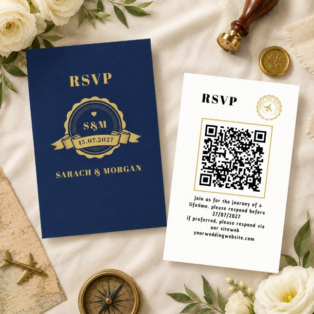 Pass Bröllopsdestination Monogram RSVP QR-kod Tilläggskort (Enclosure Cards wedding destination beach nautical navy blue tropical)