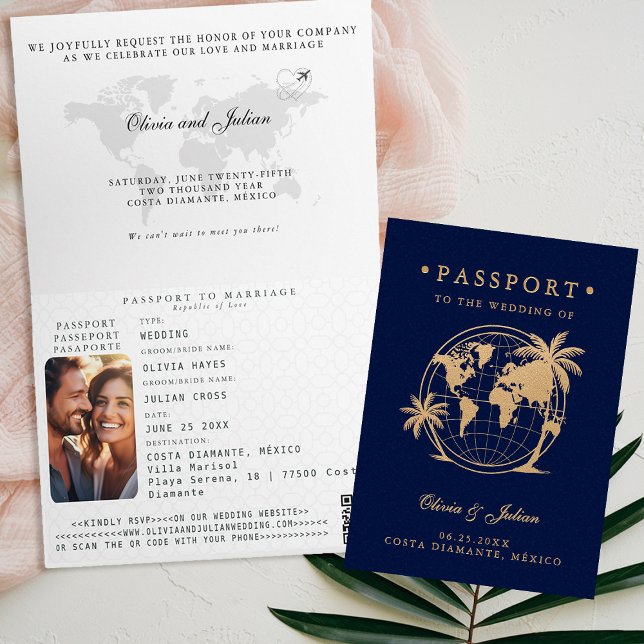 Pass Glob Palm Tropisk Bröllopsresa Destination We Inbjudan (passport wedding invitation card destination getaway tropical beach palm navy faux gold monograms)
