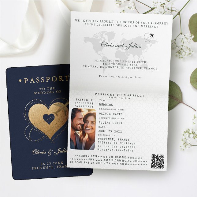 Pass Hearts Plan Bröllop på exotisk destination Inbjudan (passport wedding invitation card destination getaway navy blue faux gold hearts airplane monograms )