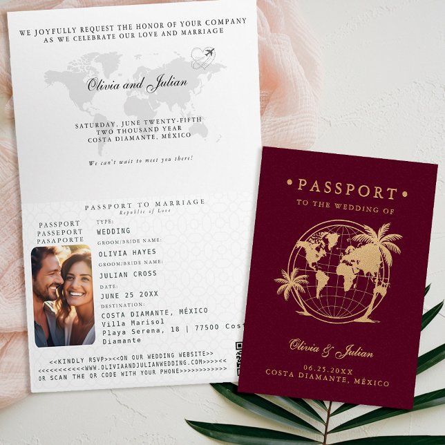 Pass Map Palm Tropisk Destination Bröllop Inbjudan (passport wedding invitation card destination getaway tropical beach palm burgundy faux gold monogram)