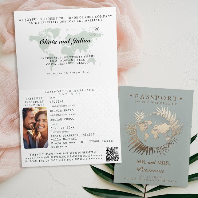 Pass Map Tropiskt Löv Destination Bröllop Inbjudan (passport wedding invitation card destination getaway tropical beach sage green leaf wreath monograms)