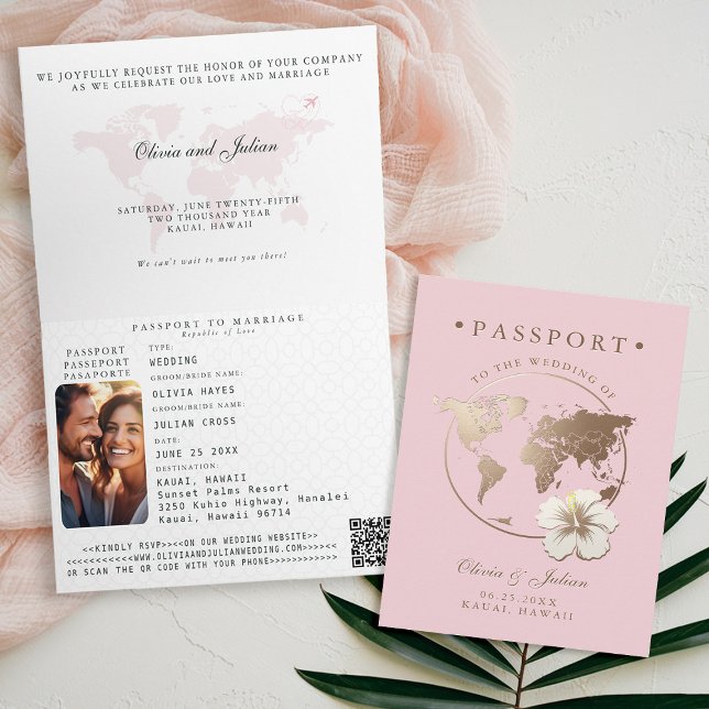 Pass Med Hibiskus Tropisk Bröllopsdestination Inbjudan (passport wedding invitation card destination getaway tropical hawaii pink gold hibiscus floral)