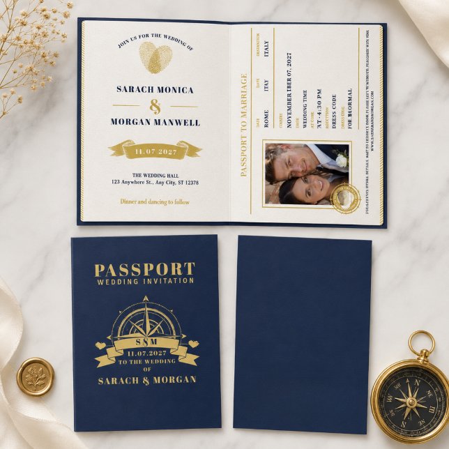 Pass Resemål Bröllop Marin Marinblå Inbjudan (passport wedding passport wedding destination travel boarding pass mexico navy blue nautical anchor )