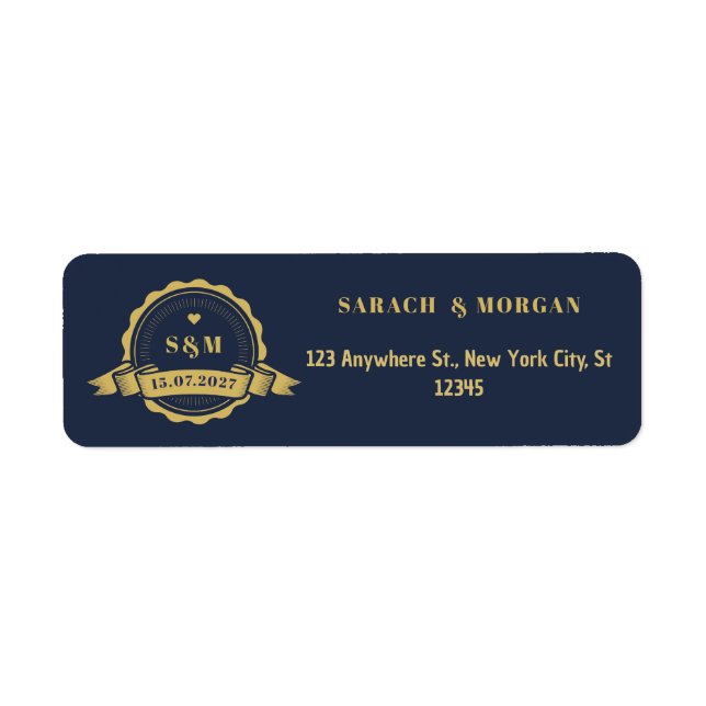 Pass Resemål Bröllop Monogram Marinblå Returadress Etikett (Framsidan)