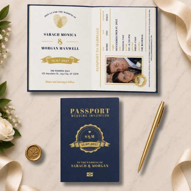 Pass Resemal Destination Bröllop Monogram Marinblå Inbjudan (Passport Destination Wedding monogram name initial bride groom travel Invitation couple photo heart )