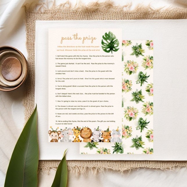 Pass the Price Baby Shower-spel - Djur i djungeln (tropical flowers and jungle animals for a safari baby shower pass the prize game)