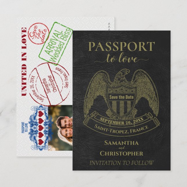 Pass till kärlek rolig destination bröllop Svart Spara Datumet (Fram/baksida)