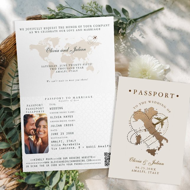 Pass Vit Guld Beige Italien Bröllland Inbjudan (passport wedding invitation card destination getaway beige ecru faux gold map italy amalfi monograms)