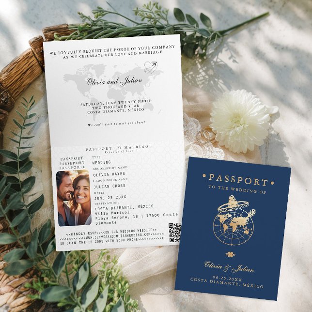 Pass Vit Guld Navy Mexiko Bröllop Utländska Vigsel Inbjudan (passport wedding invitation card destination getaway navy faux gold mexico sombrero monograms folded)