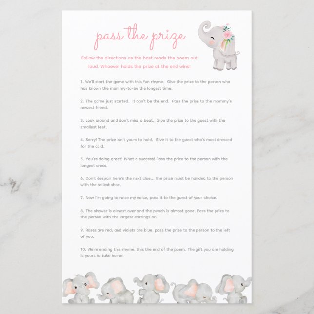 Passa priset Baby Shower Game - Rosa Elephant (Framsida)