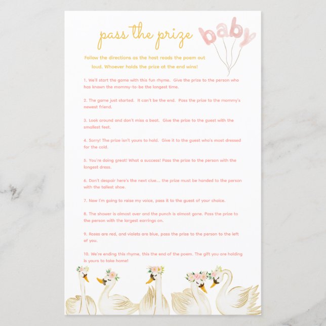 Passa priset Baby Shower Game - Svan Princess (Framsida)
