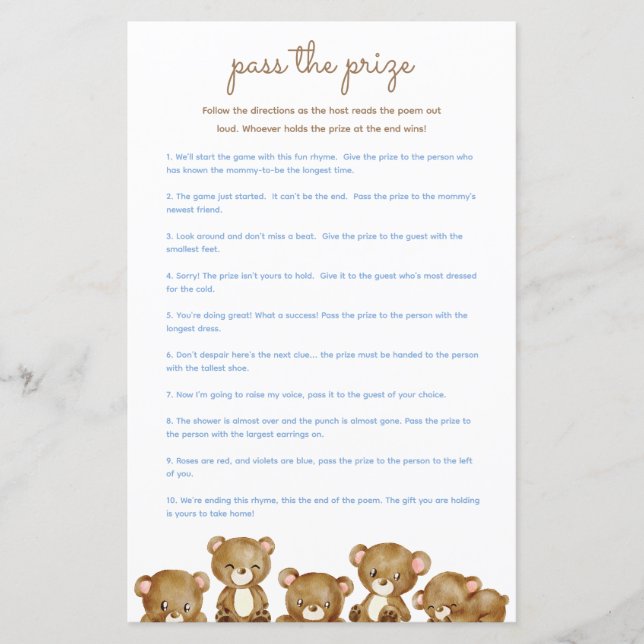 Passa priset Baby Shower-spel - Bears (Framsida)