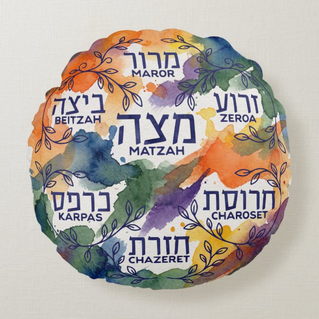 Passah Seder Tallrik Luttringsdyna för Seder Rund Kudde (Framsidan)
