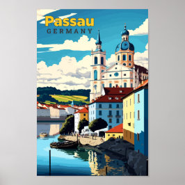 Passau Tyskland Travel Art Vintage Illustration Poster