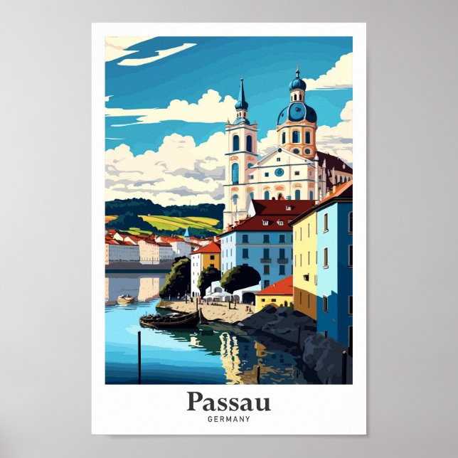 Passau Tyskland Travel Art Vintage Illustration Poster (Framsidan)