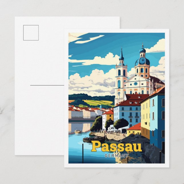Passau Tyskland Travel Art Vintage Illustration Vykort (Fram/baksida)