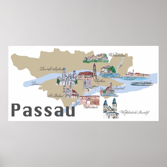 Passau Tysklanda högdagrar karta Poster (Framsidan)