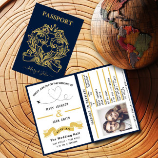 Passbröllop-inbjudan resande inspirerad design inbjudan