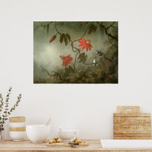 Passion Flowers och Hummingbird av Martin J Heade Poster