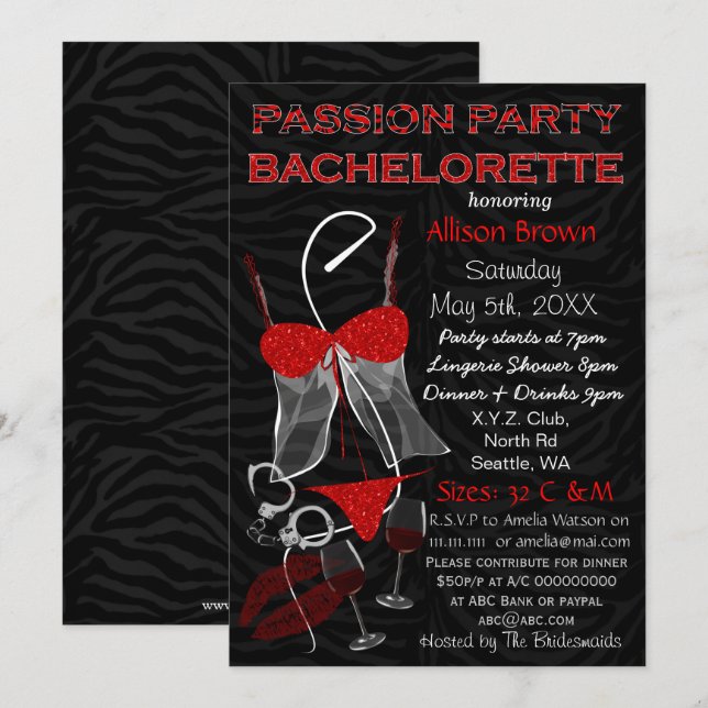 Passion Party Bachelorette, Lingerie Shower Inbjud Inbjudningar (Fram/baksida)
