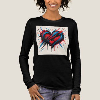 "Passion Pulse - Fet Red & Blue Heart-Långärmad T Shirt