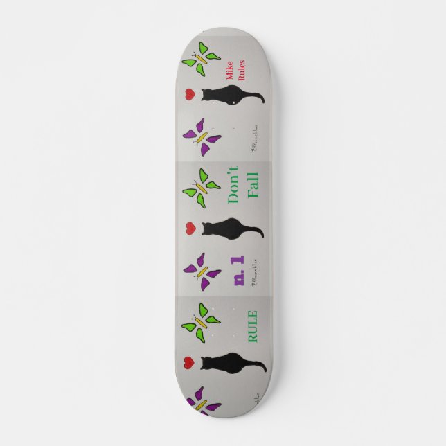 Passion Svart Katt med Rött Hjärta & Fjärilar Mini Skateboard Bräda 18,5 Cm (Framsida)