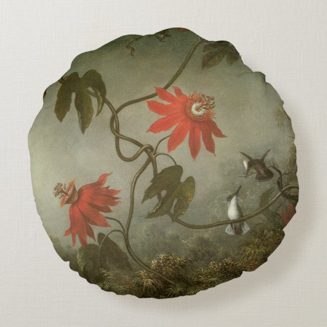 Passionblommor och kolibrier av Martin J Heade Rund Kudde (Baksidan)