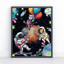 Passionell Astronaut och Söt Katt i Rymden Affisch