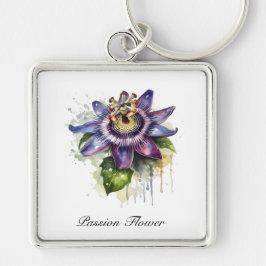 Passionerad Lila Passion Flower Fyrkantig Silverfärgad Nyckelring