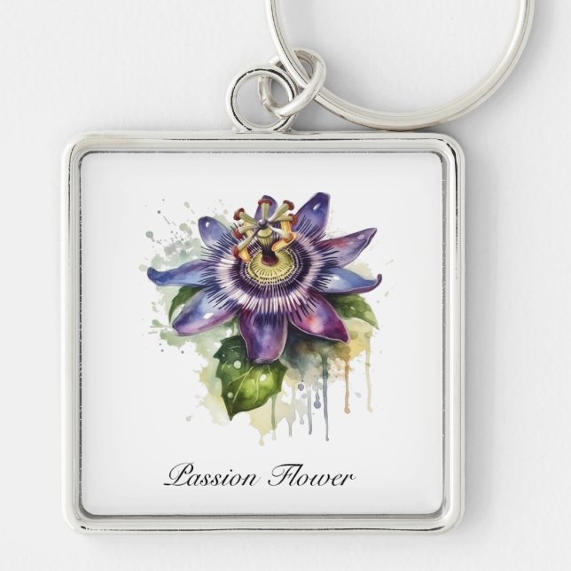 Passionerad Lila Passion Flower Fyrkantig Silverfärgad Nyckelring (Framsidan)