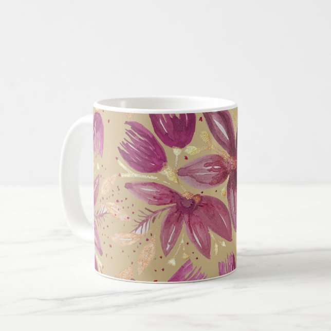 Passionsblommor, akvarell burgunderröd och guld kaffemugg (Framsida vänster)