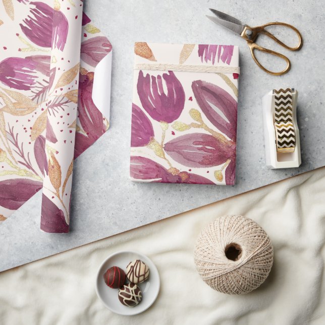 Passionsblommor, akvarell vinröd och guld presentpapper (Hantverk)