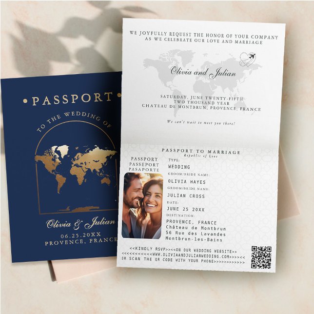 Passkart Boho Arch Marin Bröllop Utomlands Inbjudan (passport wedding invitation card destination getaway navy blue faux gold map boho arch monograms fol)