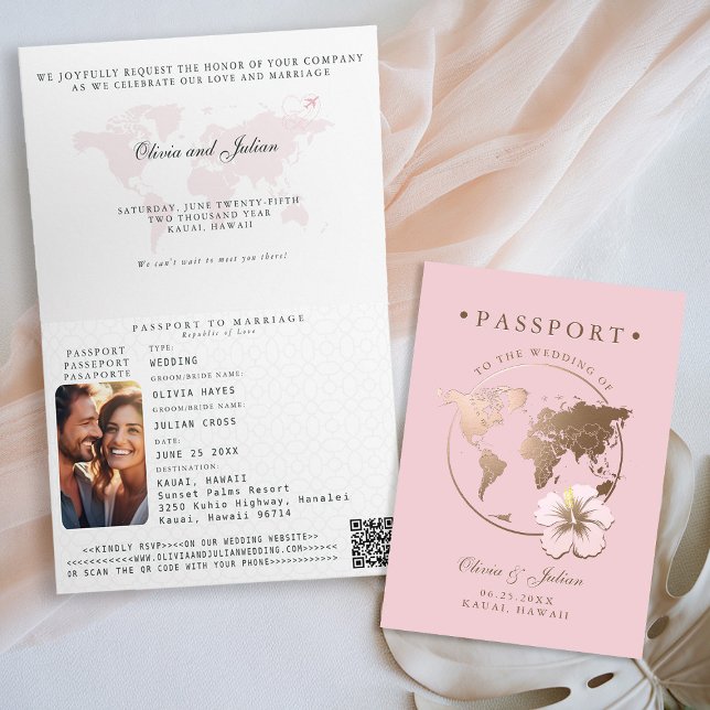 Passkartskarta Hibiskus Tropisk Destination Bröllo Inbjudan (passport wedding invitation card destination getaway tropical hawaii pink faux gold monograms folded)